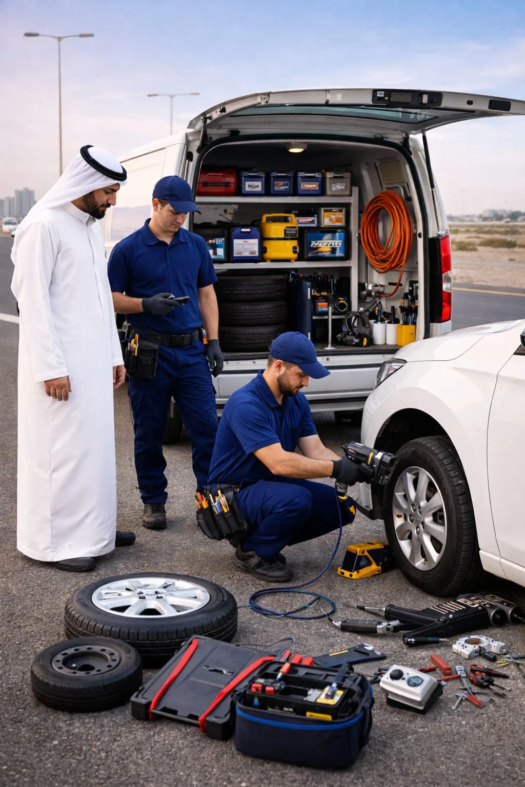 بنشر متنقل في الكويت | تبديل وتصليح الإطارات 24 ساعة